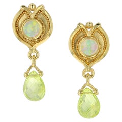 Kent Raible 18 Karat Gold Opal and Chrysoberyl Drop Earrings with Granulation