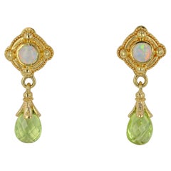 18 Karat Gold Opal and Chrysoberyl Earrings with Granulation