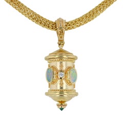 Kent Raible 18 Karat Gold Opal and Diamond Prayer Wheel Pendant with Granulation