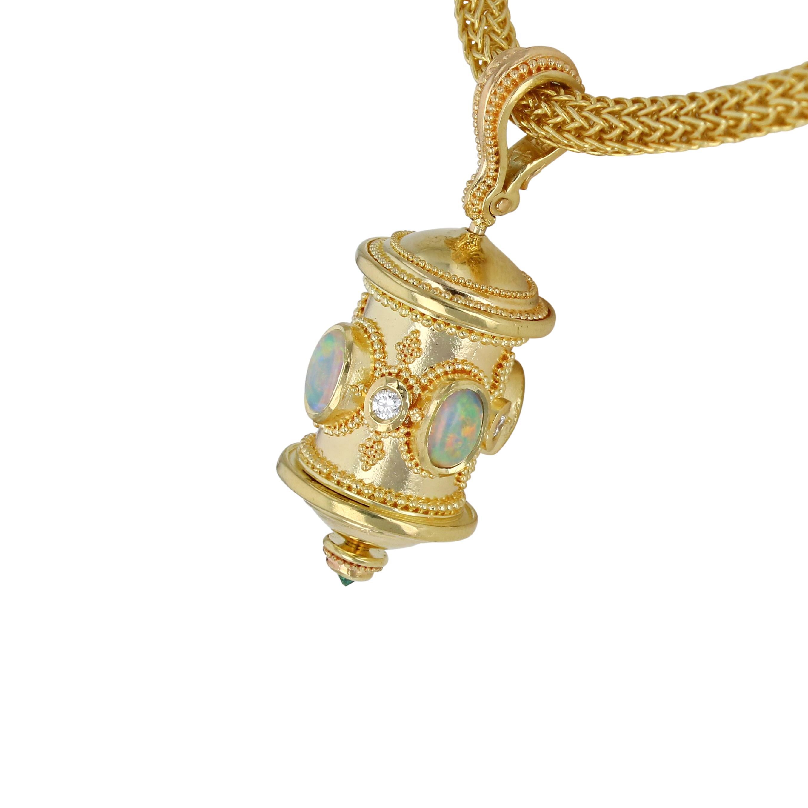 Artisan Kent Raible 18 Karat Gold Opal and Diamond Prayer Wheel Pendant with Granulation For Sale