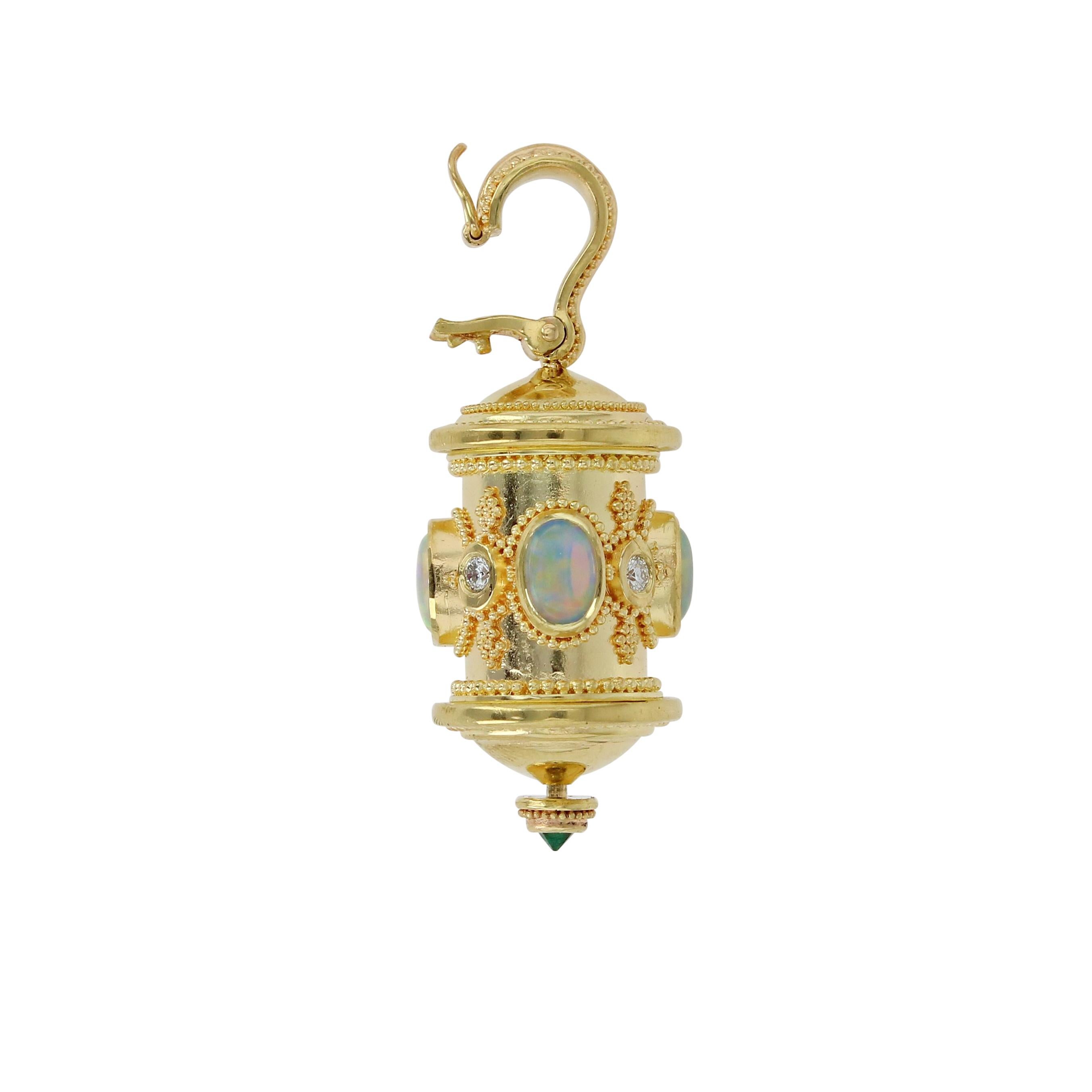 Mixed Cut Kent Raible 18 Karat Gold Opal and Diamond Prayer Wheel Pendant with Granulation For Sale
