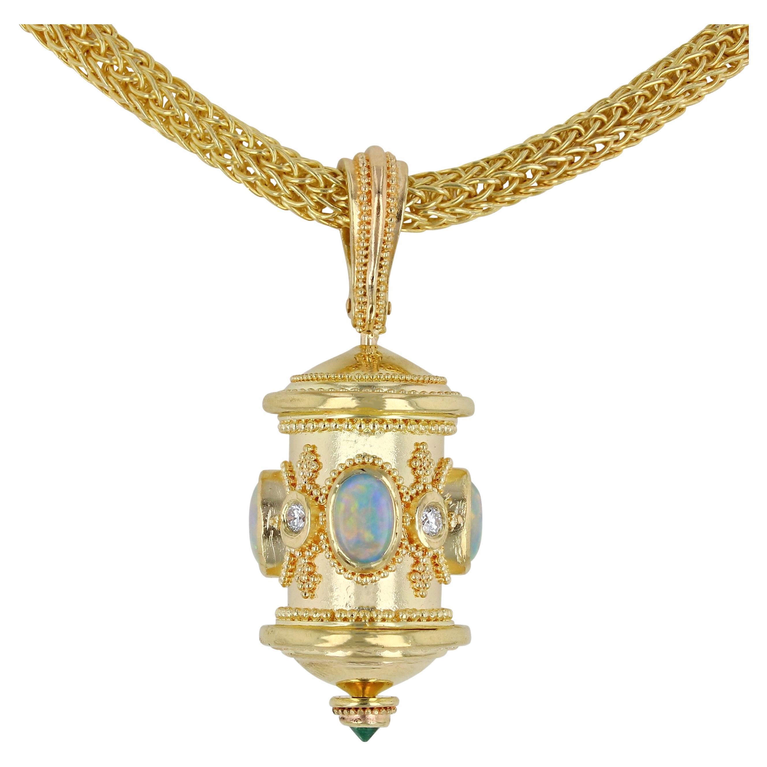 Kent Raible 18 Karat Gold Opal and Diamond Prayer Wheel Pendant with Granulation For Sale