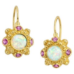 Kent Raible 18 Karat Gold Opal and Pink Sapphire Drop Earrings with Granulation
