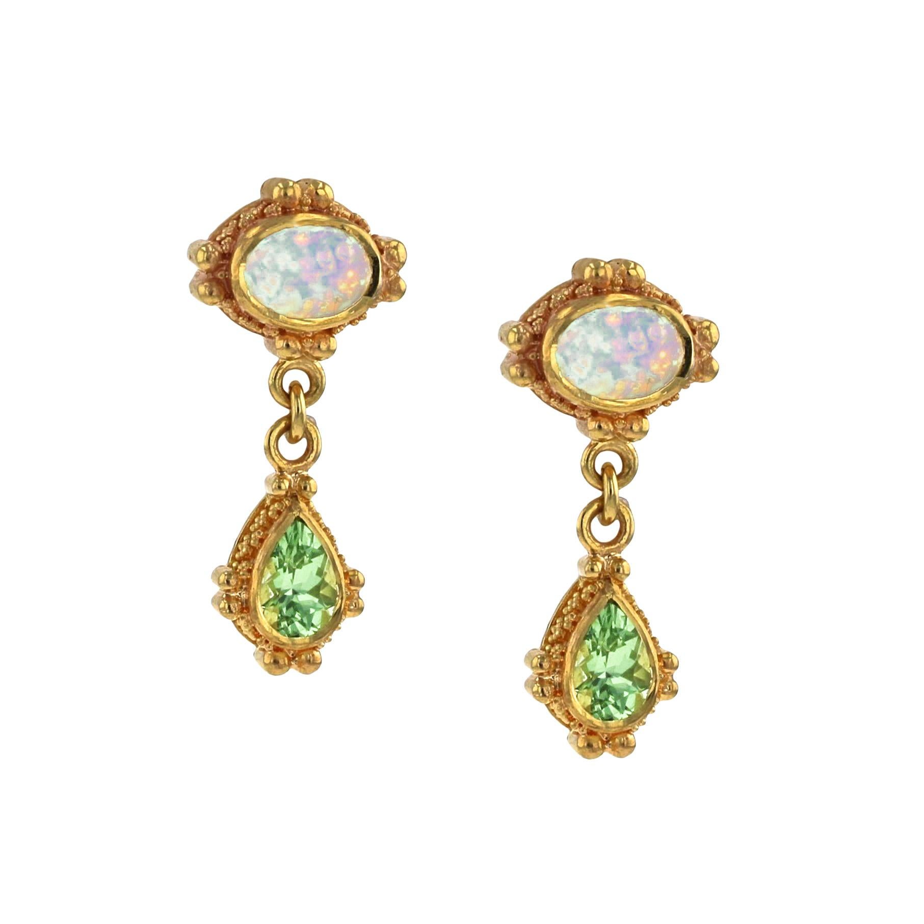 Artisan Kent Raible 18 Karat Gold Opal, Green Garnet Dangle Earrings with Granulation