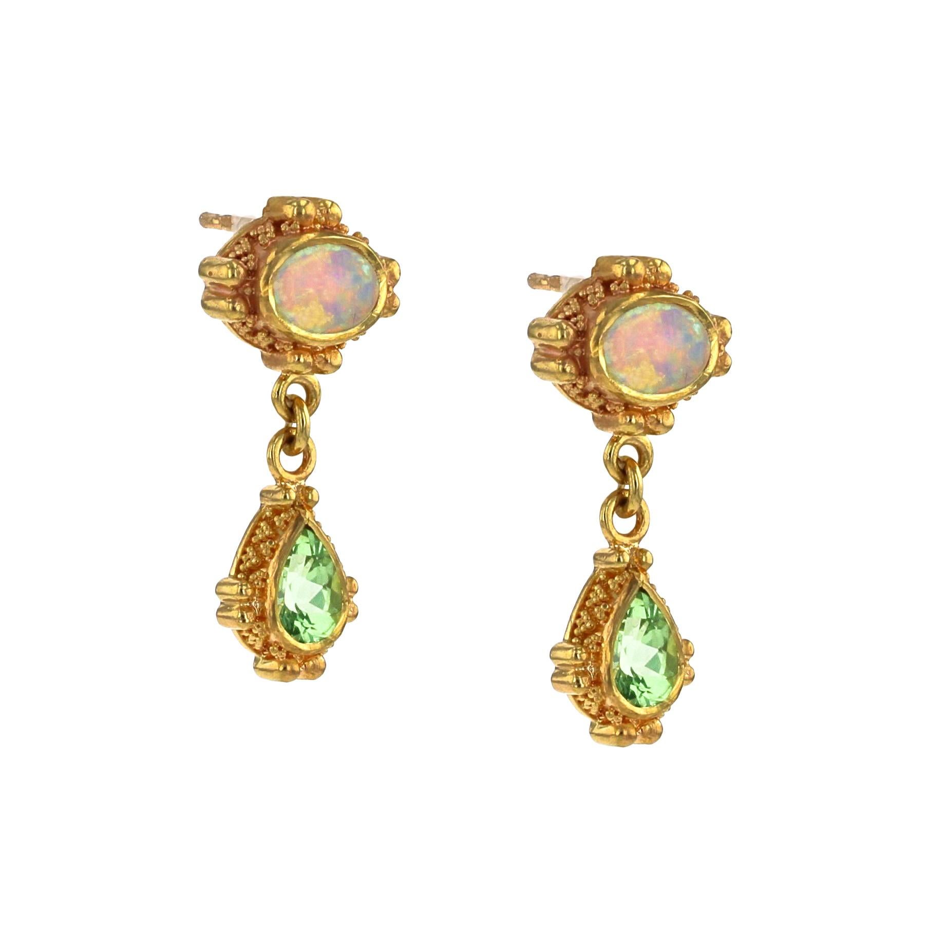 Mixed Cut Kent Raible 18 Karat Gold Opal, Green Garnet Dangle Earrings with Granulation