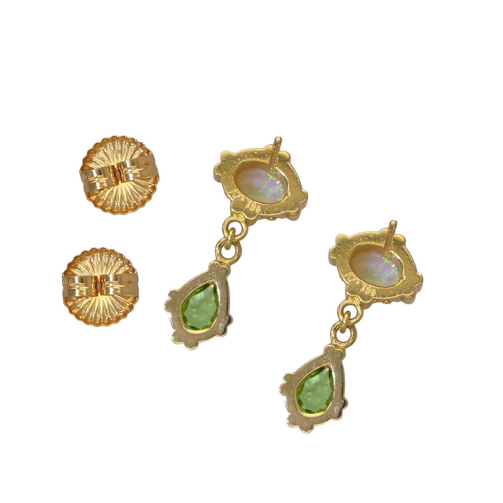 Women's or Men's Kent Raible 18 Karat Gold Opal, Green Garnet Dangle Earrings with Granulation