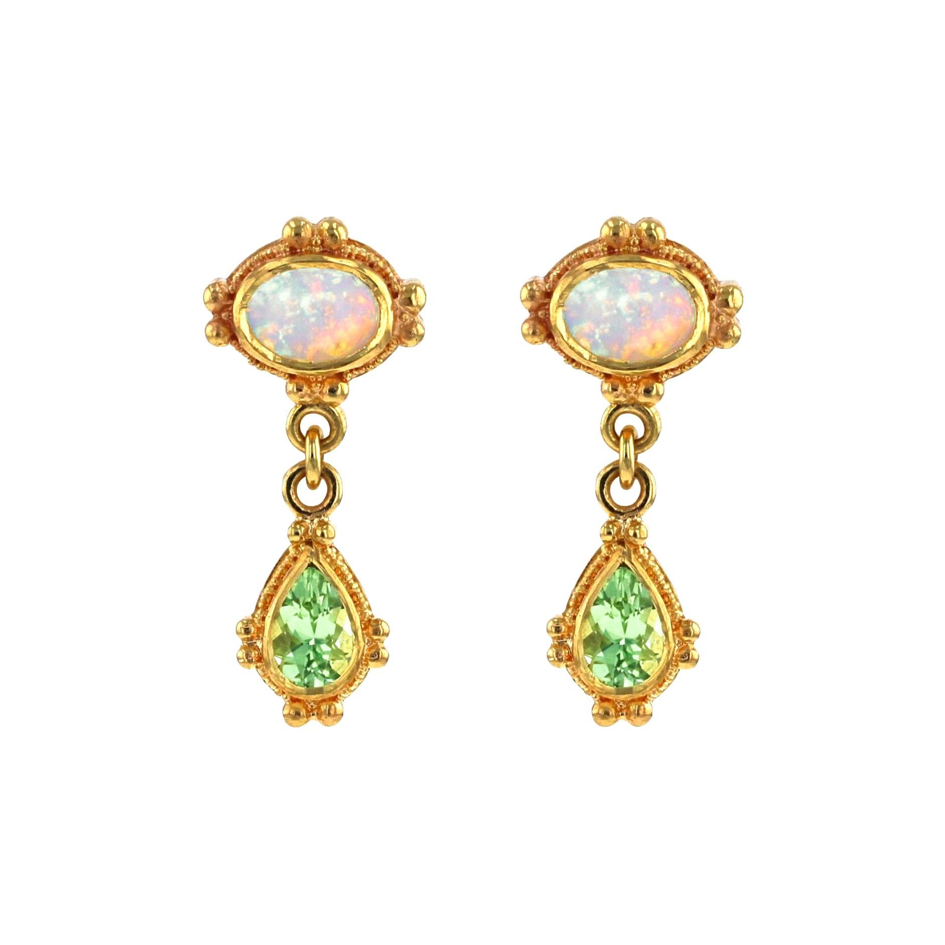 Kent Raible 18 Karat Gold Opal, Green Garnet Dangle Earrings with Granulation
