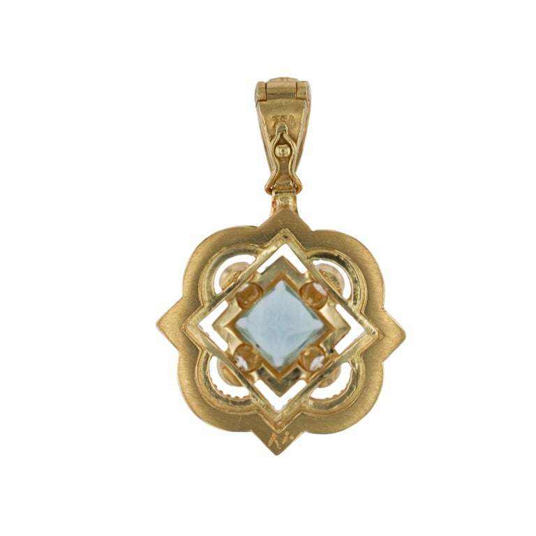 Kent Raible 18 Karat Gold Pendant with Aquamarine, Diamonds and Fine Granulation For Sale 1