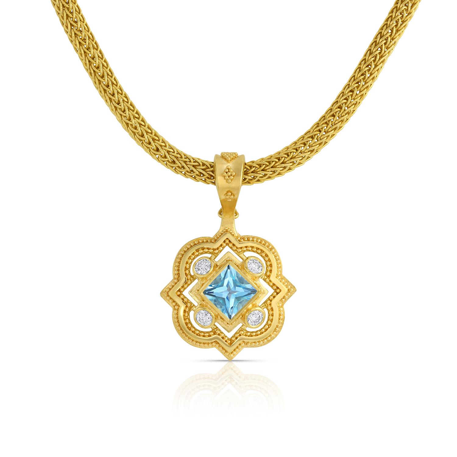 Artisan Kent Raible 18 Karat Gold Pendant with Aquamarine, Diamonds and Fine Granulation