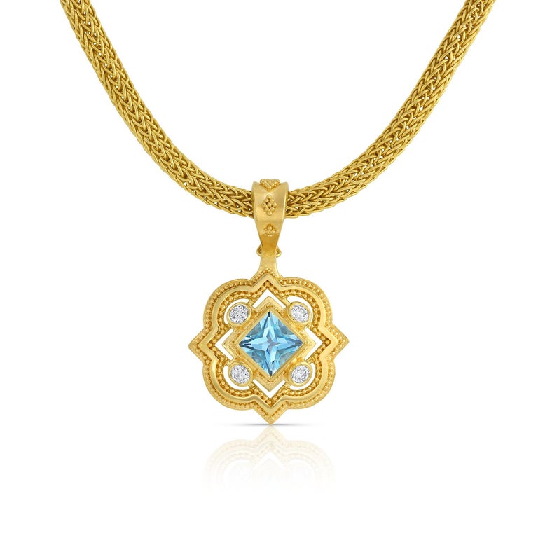 Mixed Cut Kent Raible 18 Karat Gold Pendant with Aquamarine, Diamonds and Fine Granulation For Sale
