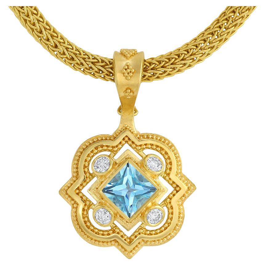 Kent Raible 18 Karat Gold Pendant with Aquamarine, Diamonds and Fine Granulation