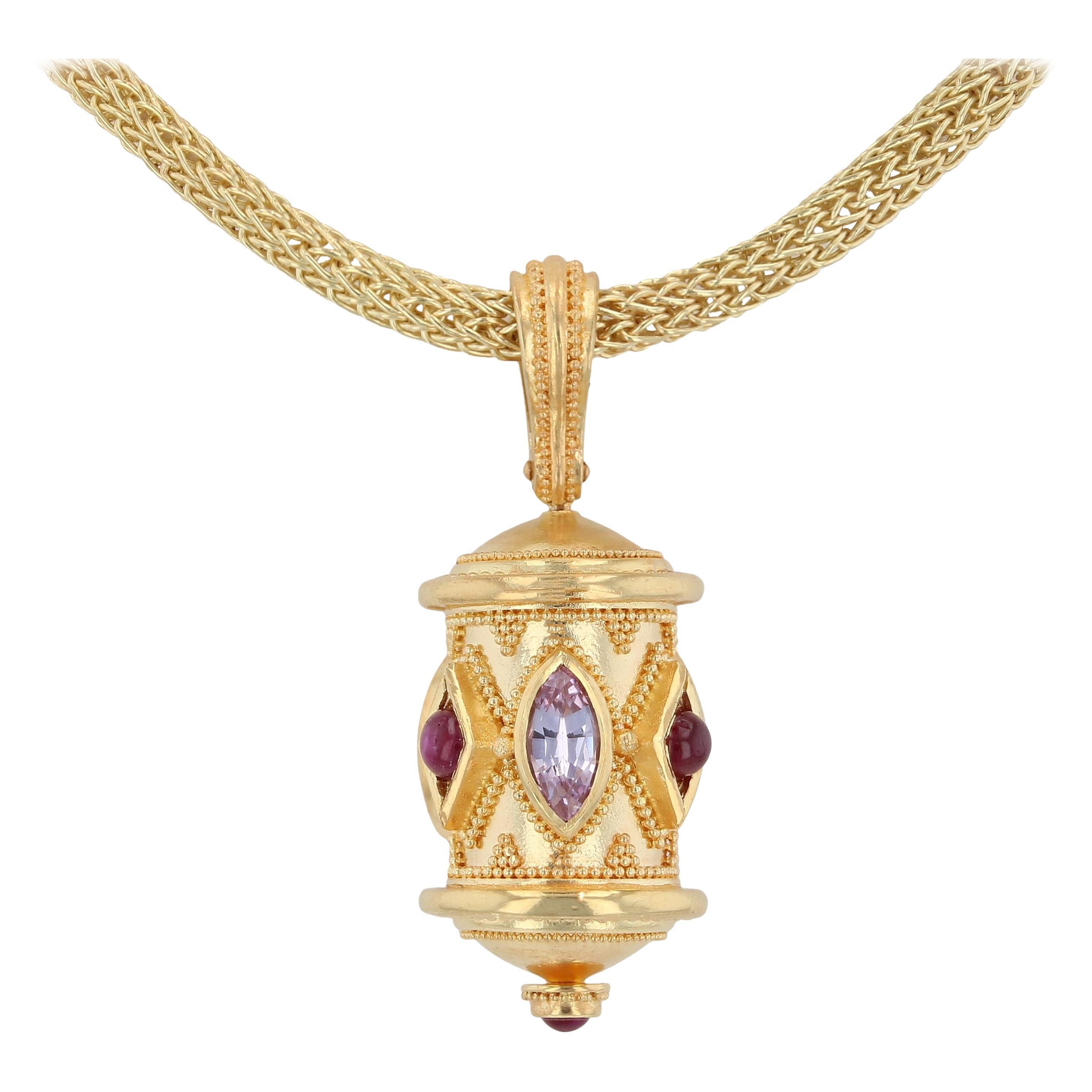 Kent Raible 18 Karat Gold Pink and Ruby Prayer Wheel Pendant with Granulation in vendita