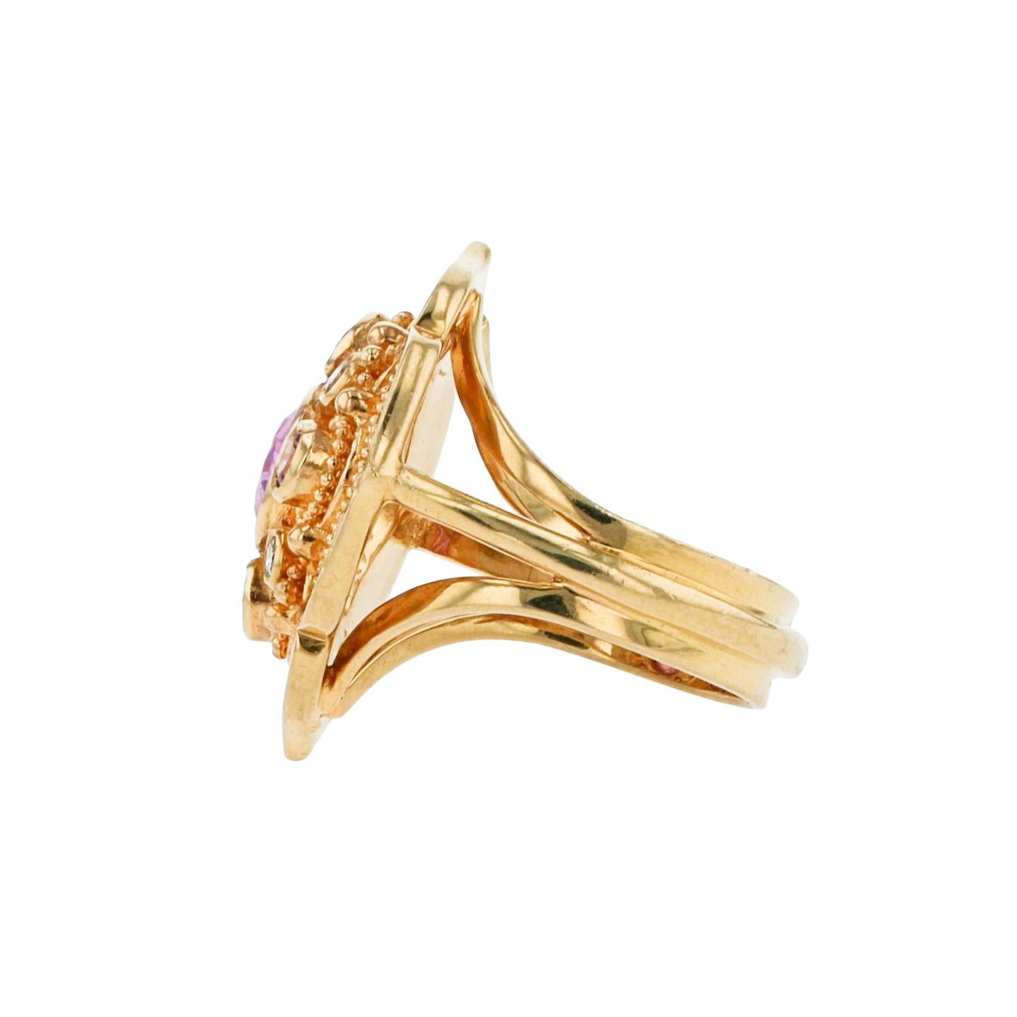 Artisan Kent Raible 18 Karat Gold Pink Sapphire and Diamond Flower Cluster Ring