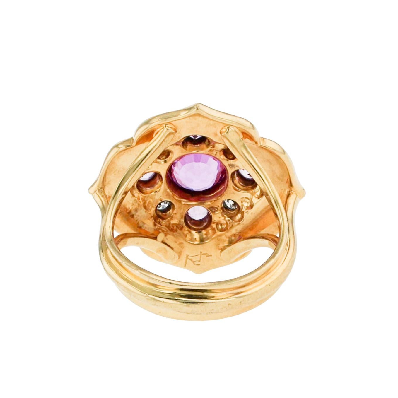 Round Cut Kent Raible 18 Karat Gold Pink Sapphire and Diamond Flower Cluster Ring