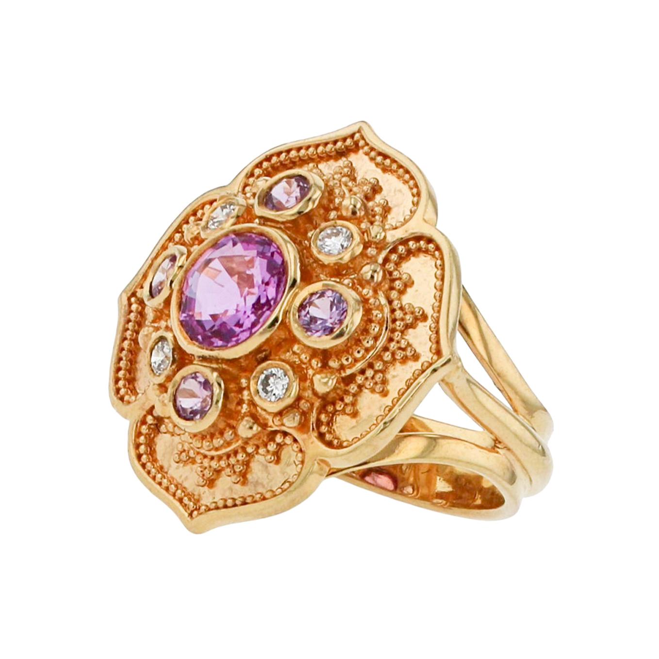 Kent Raible 18 Karat Gold Pink Sapphire and Diamond Flower Cluster Ring