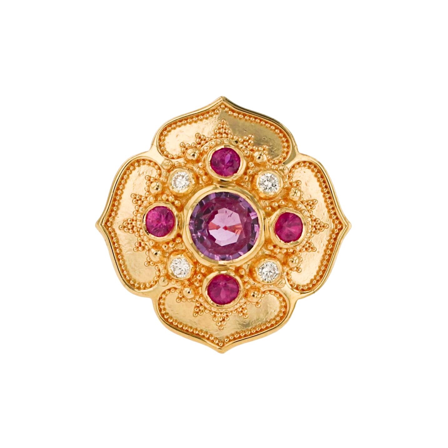 Artisan Kent Raible 18 Karat Gold Pink Sapphire and Diamond Flower Cocktail Ring For Sale