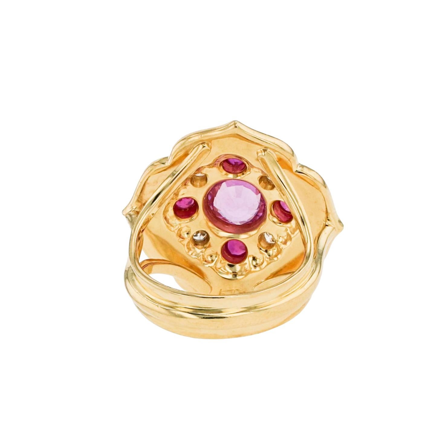 Women's or Men's Kent Raible 18 Karat Gold Pink Sapphire and Diamond Flower Cocktail Ring For Sale