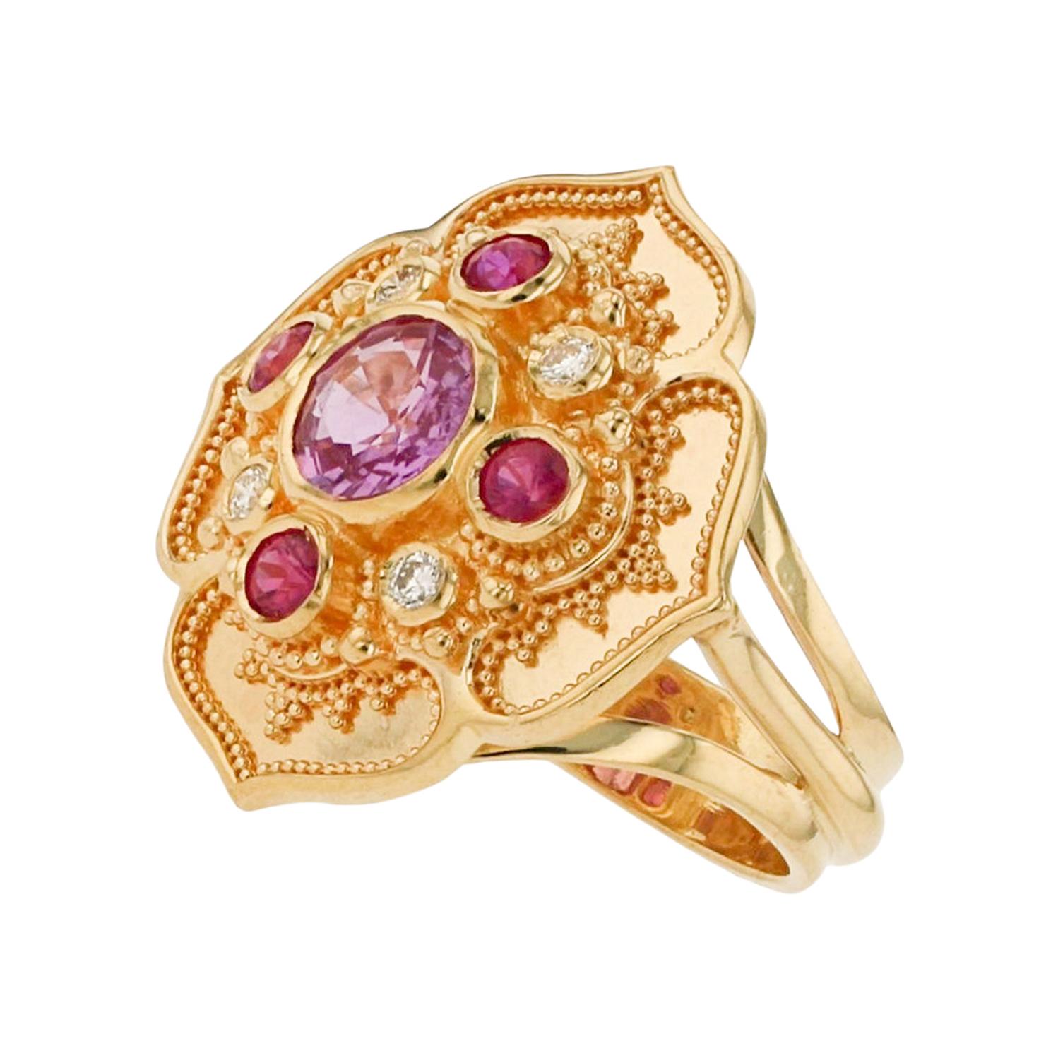 Kent Raible 18 Karat Gold Pink Sapphire and Diamond Flower Cocktail Ring For Sale