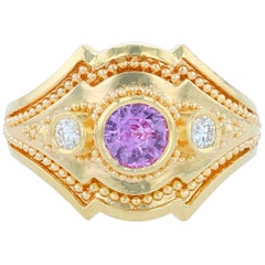 Kent Raible 18 Karat Gold Pink Sapphire and Diamond Ring with Fine Granulation