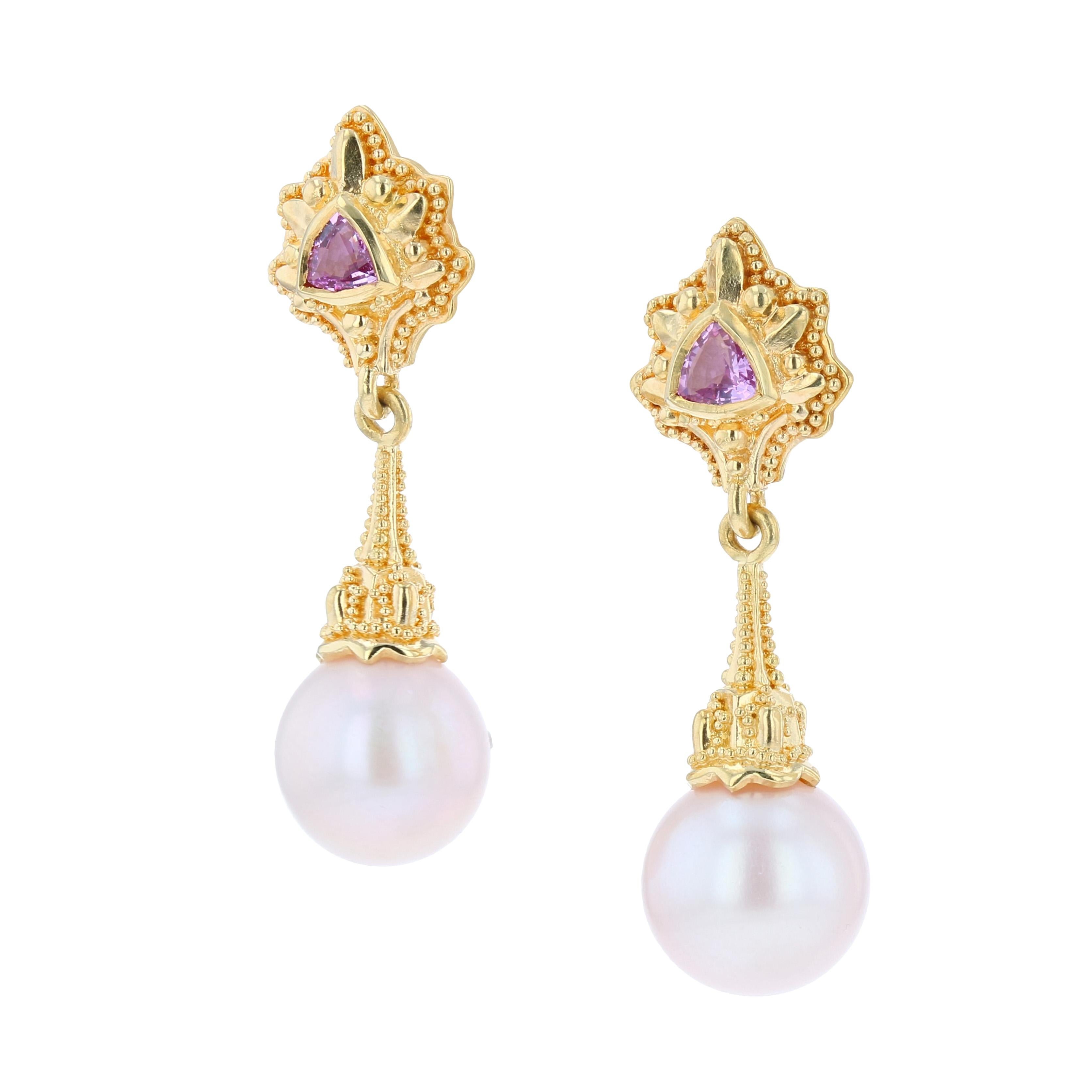 Artisan Kent Raible 18 Karat Gold Pink Sapphire and Pearl Drop Earrings with Granulation
