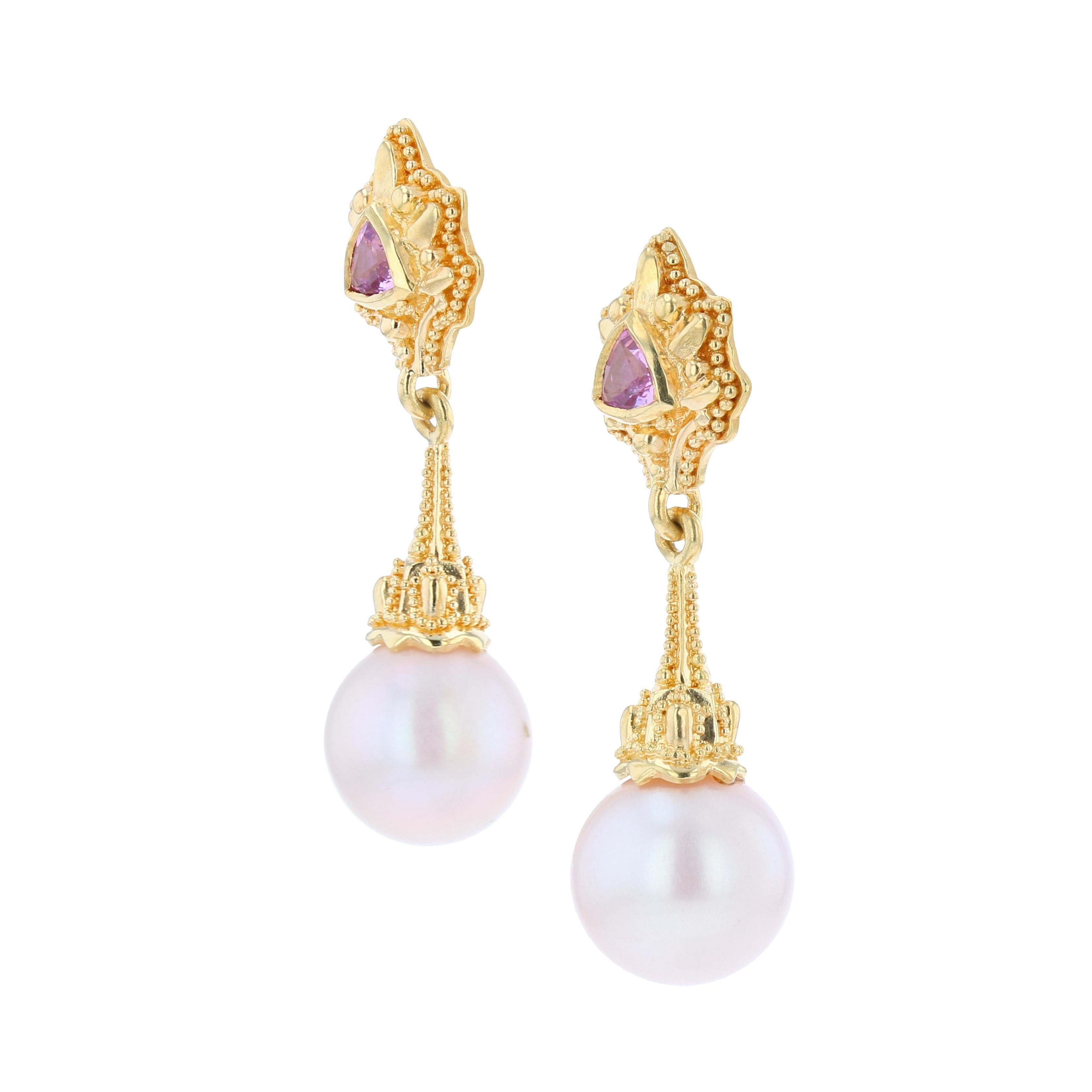 Trillion Cut Kent Raible 18 Karat Gold Pink Sapphire and Pearl Drop Earrings with Granulation