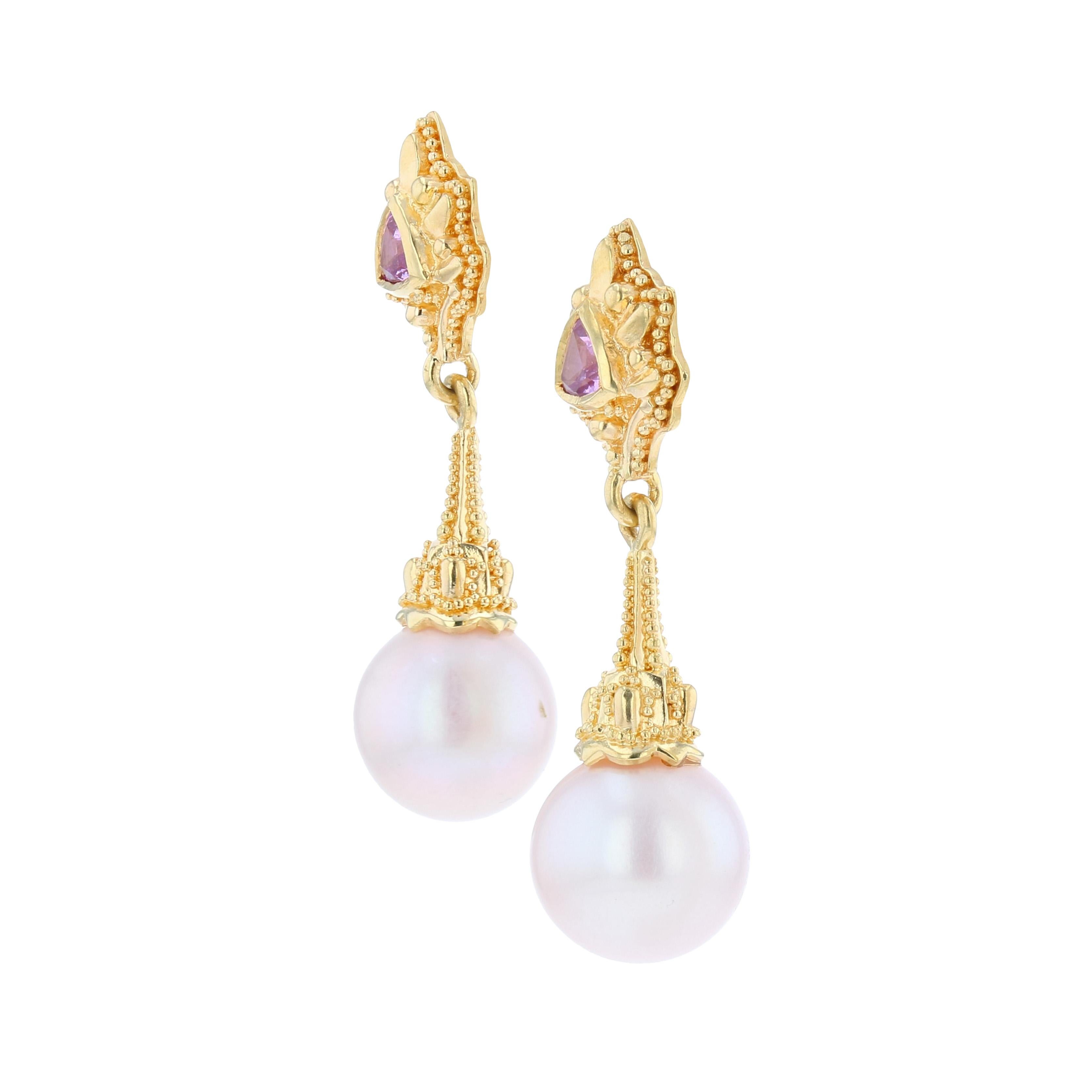 Kent Raible 18 Karat Gold Pink Sapphire and Pearl Drop Earrings with Granulation In New Condition In Mossrock, WA