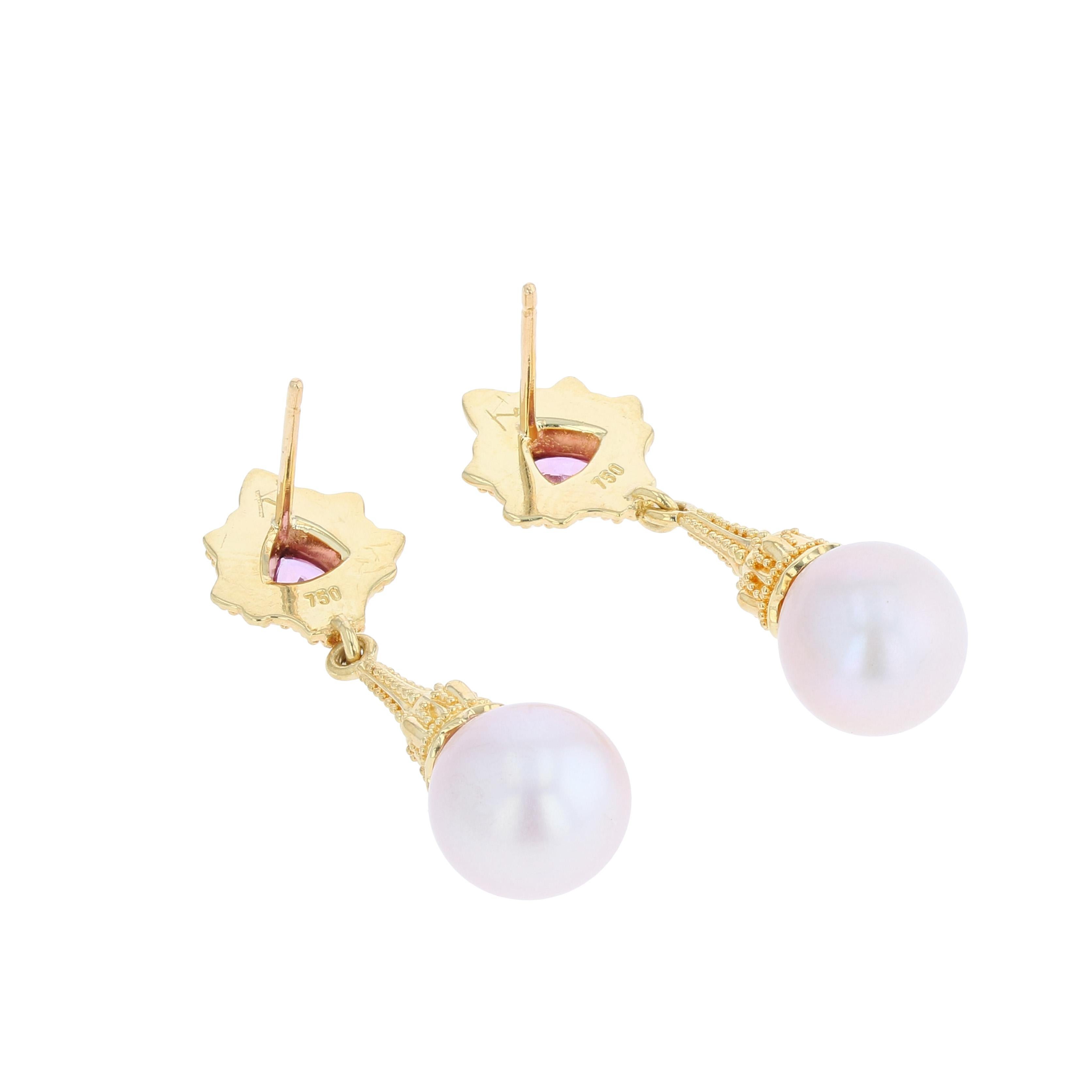 Kent Raible 18 Karat Gold Pink Sapphire and Pearl Drop Earrings with Granulation 1