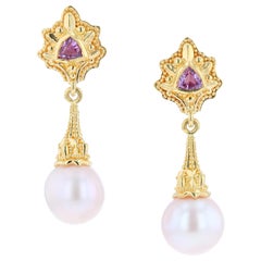 Kent Raible 18 Karat Gold Pink Sapphire and Pearl Drop Earrings with Granulation