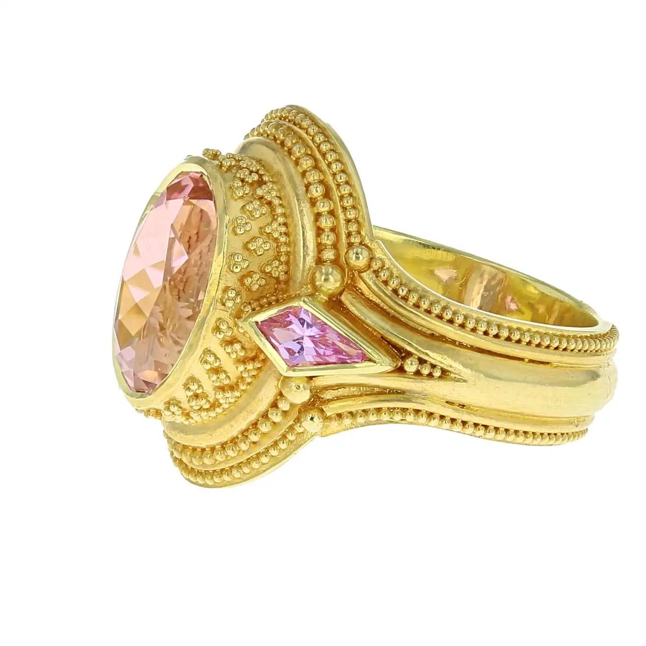 Artisan Kent Raible 18 Karat Gold Pink Sapphire and Tourmaline Ring with Granulation For Sale