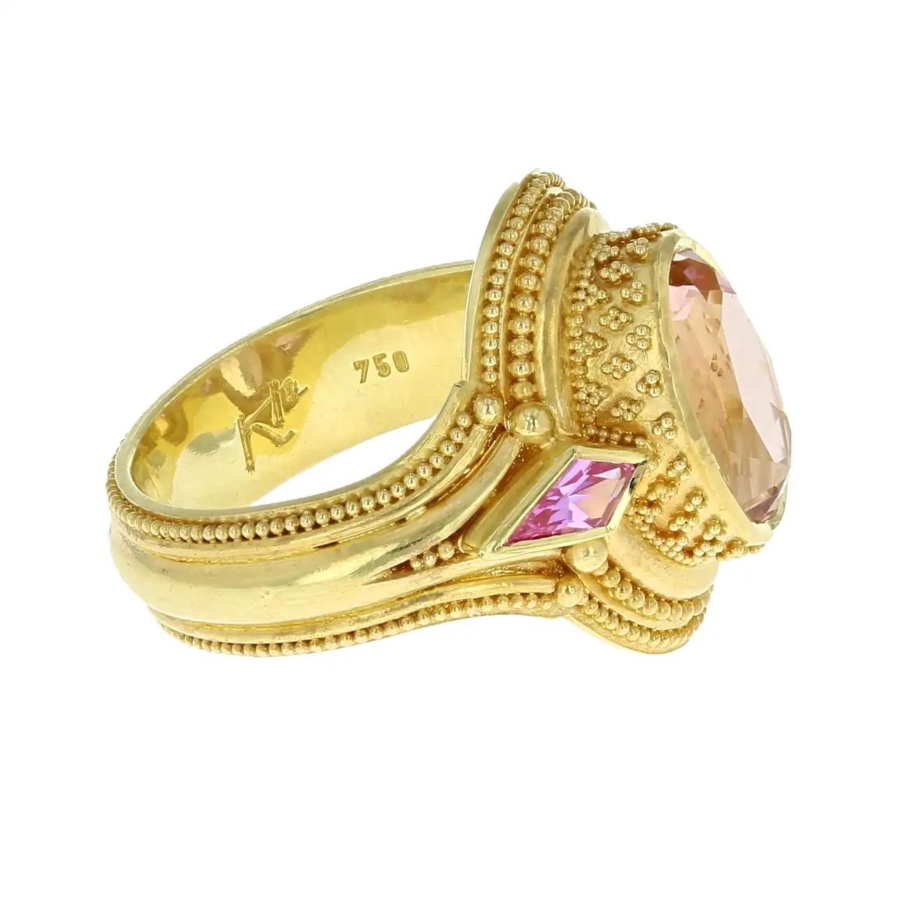 Kent Raible 18 Karat Gold Pink Sapphire and Tourmaline Ring with Granulation In New Condition For Sale In Mossrock, WA
