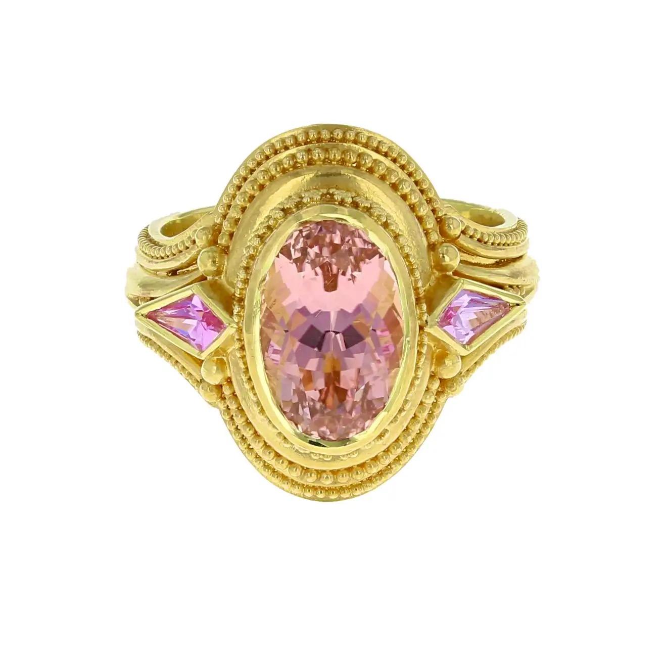 Kent Raible 18 Karat Gold Pink Sapphire and Tourmaline Ring with Granulation For Sale 2