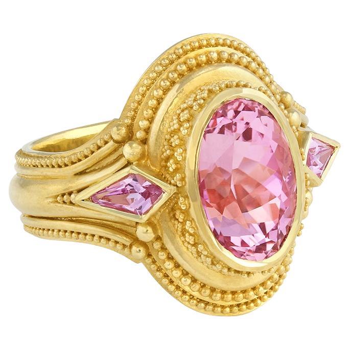 Kent Raible 18 Karat Gold Pink Sapphire and Tourmaline Ring with Granulation
