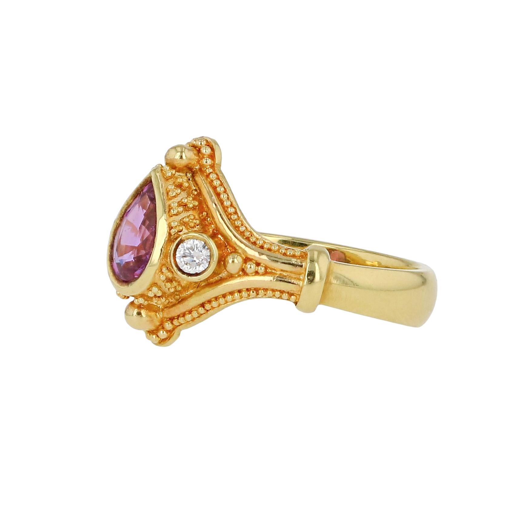 Pear Cut Kent Raible 18 Karat Gold Pink Sapphire, Diamond Ring with Fine Granulation For Sale