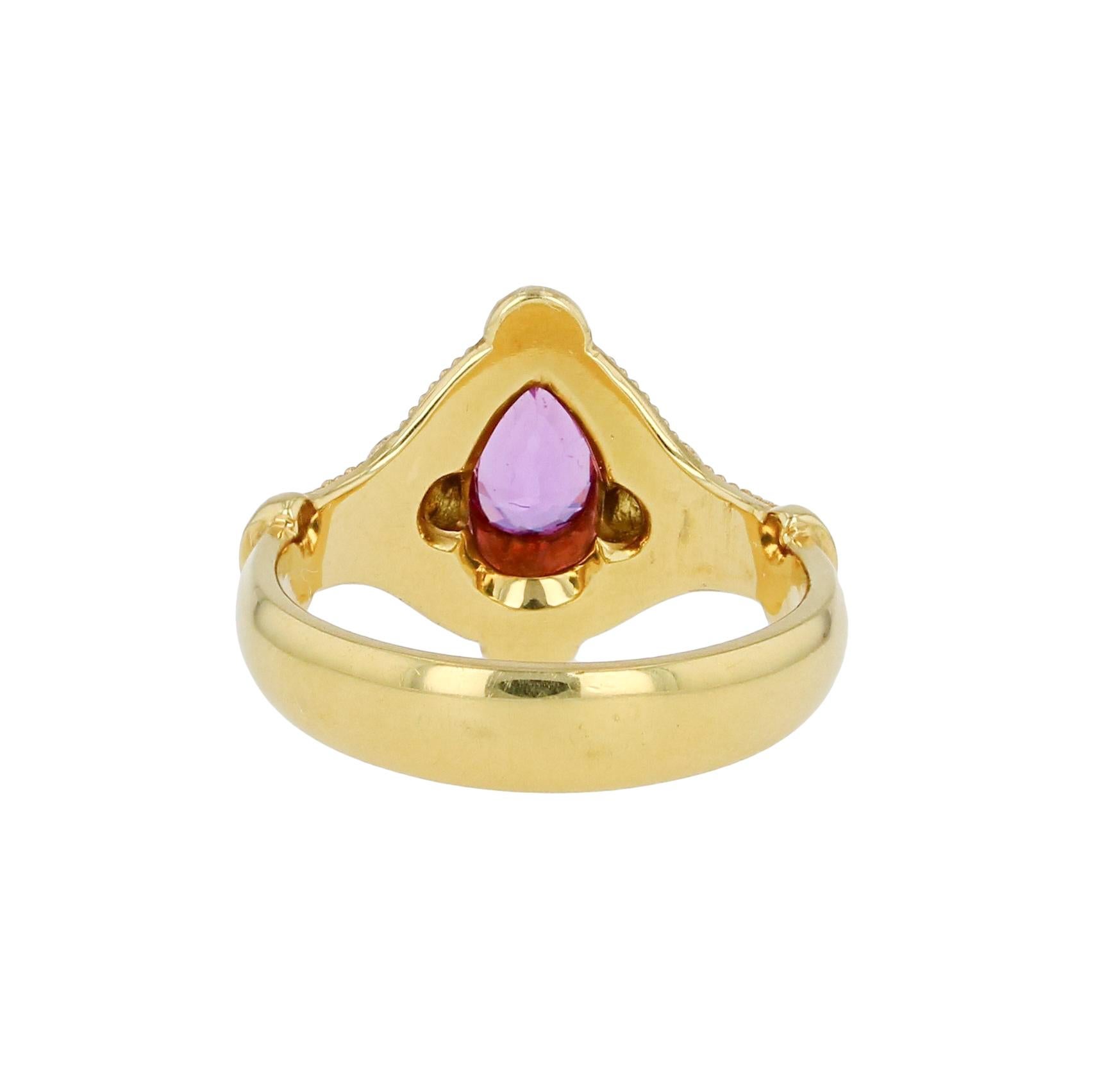 Kent Raible 18 Karat Gold Pink Sapphire, Diamond Ring with Fine Granulation In New Condition For Sale In Mossrock, WA