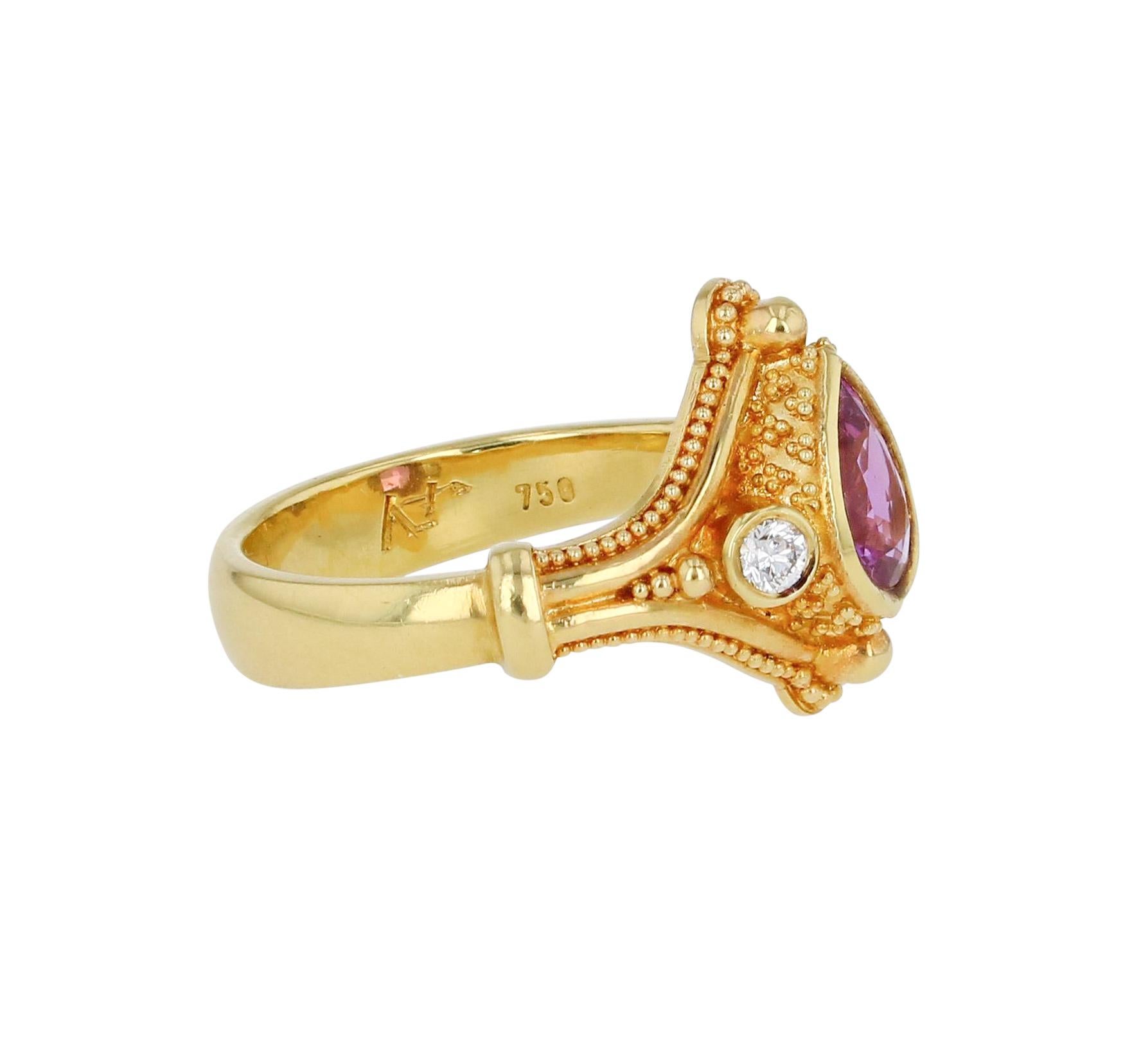 Women's or Men's Kent Raible 18 Karat Gold Pink Sapphire, Diamond Ring with Fine Granulation For Sale