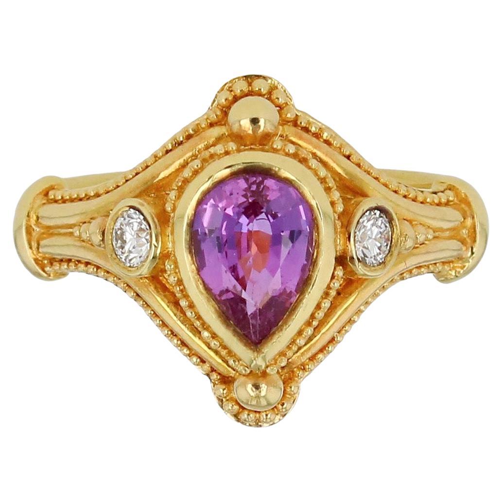 Kent Raible Ring aus 18 Karat Gold mit rosa Saphir und Diamant mit feiner Granulation
