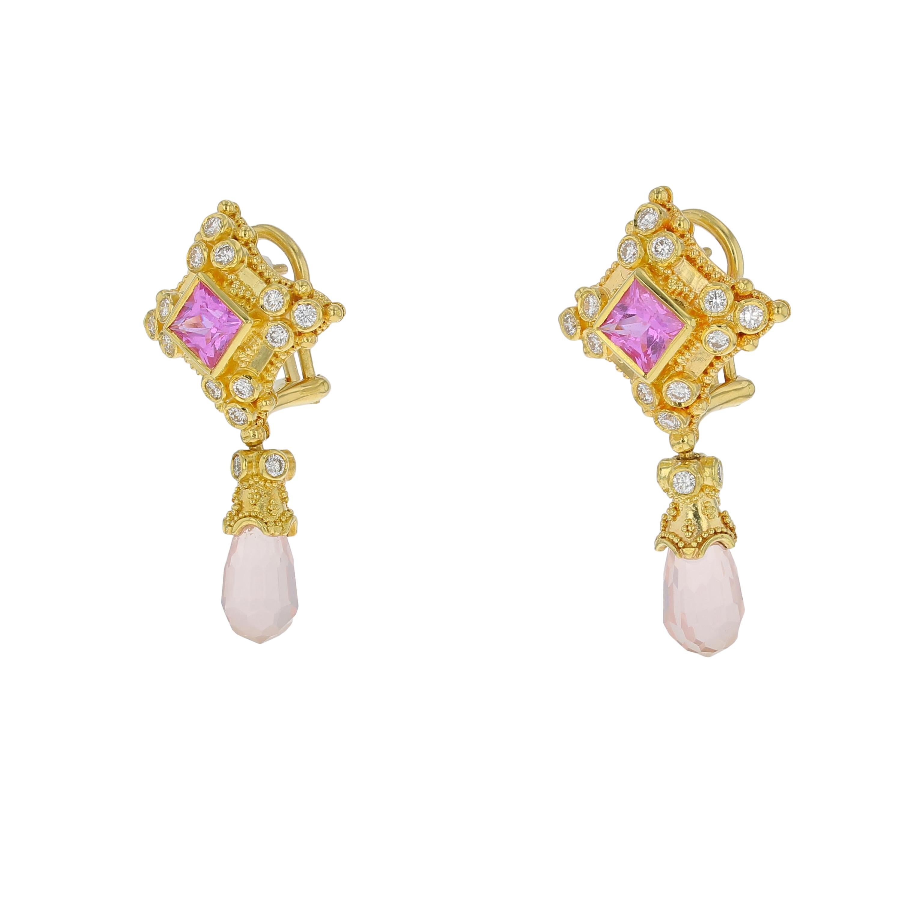 Mixed Cut Kent Raible 18 Karat Gold Pink Sapphire, Rose Quartz and Diamond Earrings For Sale