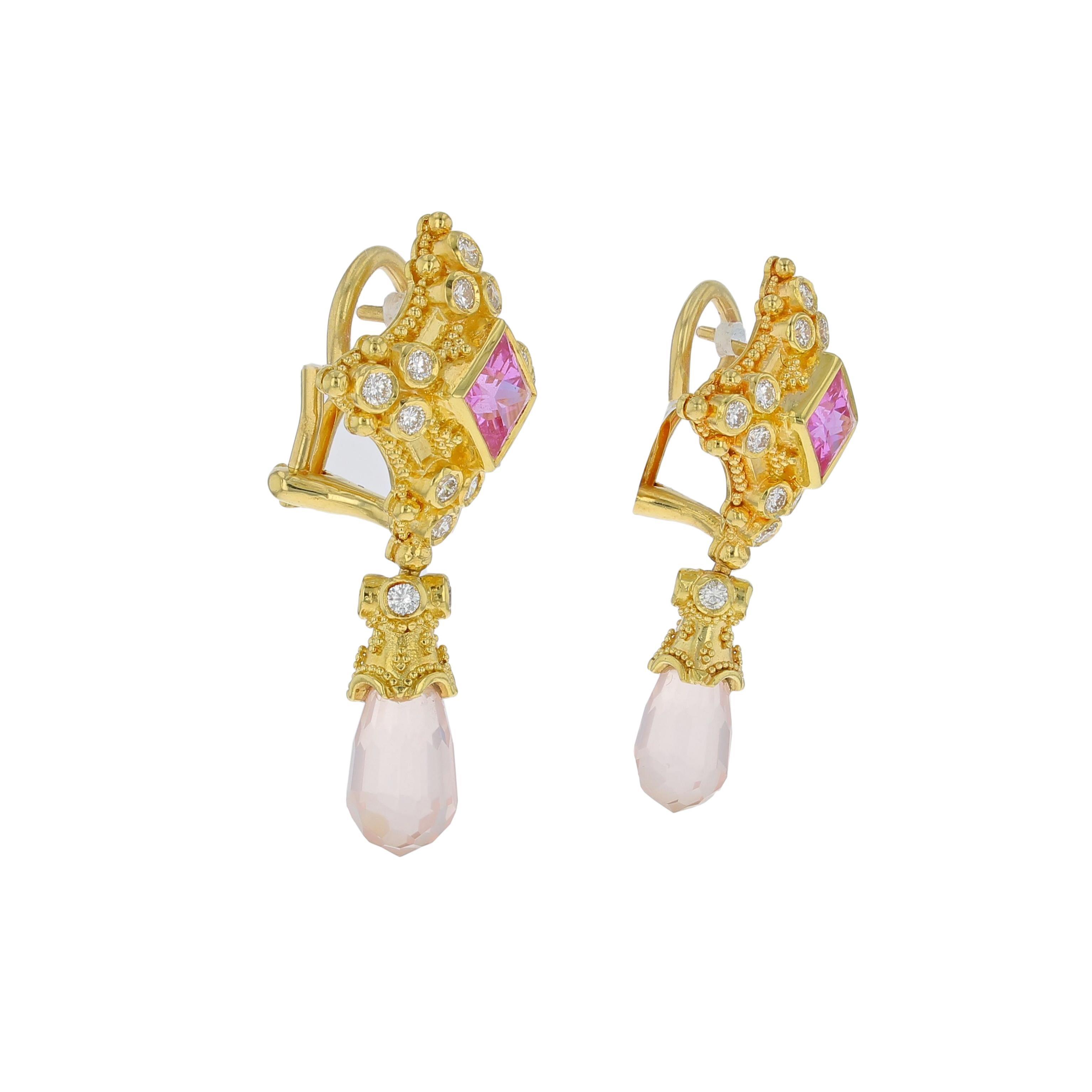 Kent Raible 18 Karat Gold Pink Sapphire, Rose Quartz and Diamond Earrings In New Condition For Sale In Mossrock, WA