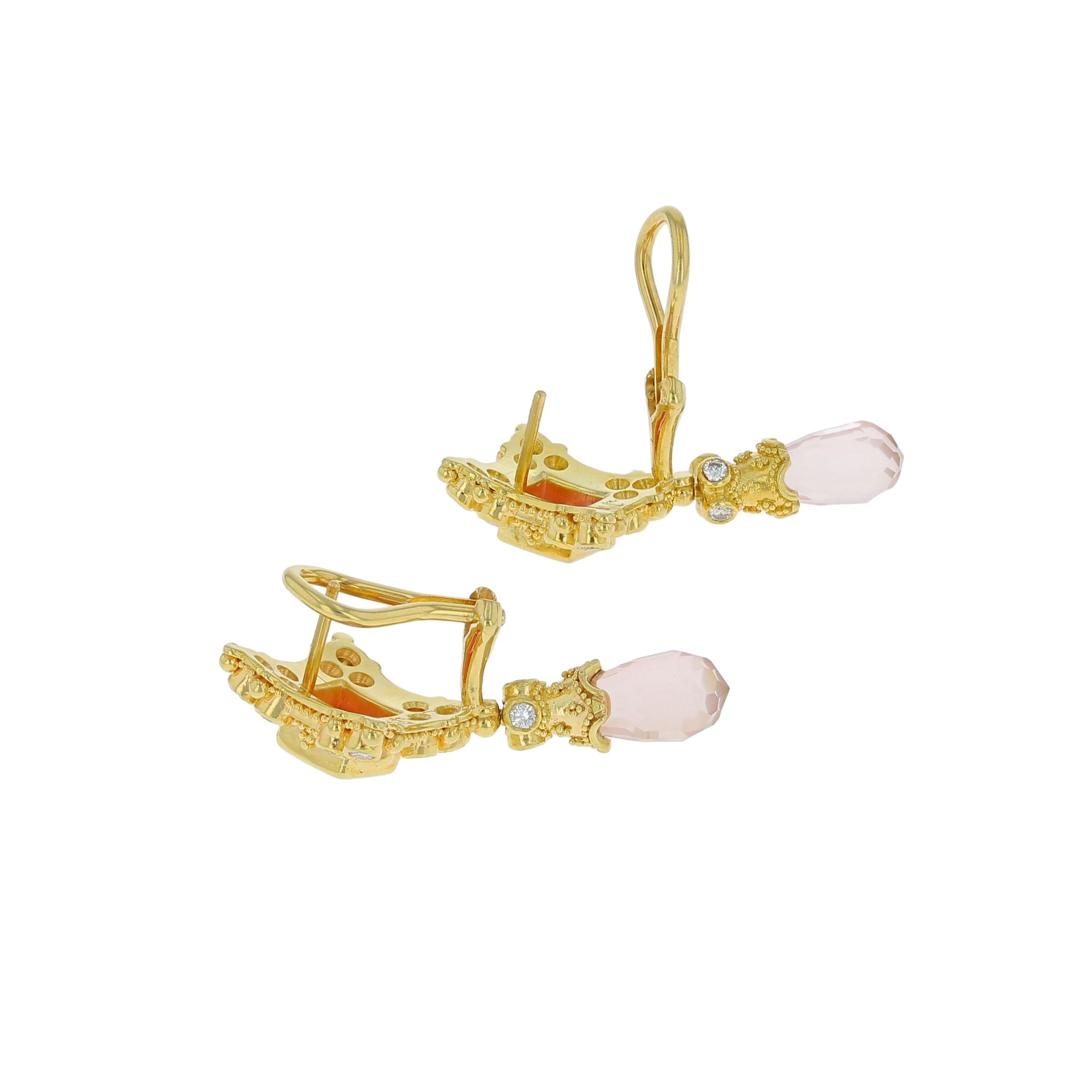 Kent Raible 18 Karat Gold Pink Sapphire, Rose Quartz and Diamond Earrings For Sale 3