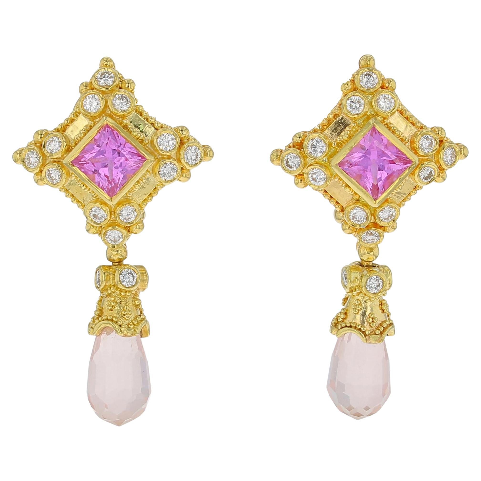 Kent Raible 18 Karat Gold Pink Sapphire, Rose Quartz and Diamond Earrings For Sale