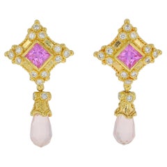 Kent Raible 18 Karat Gold Pink Sapphire, Rose Quartz and Diamond Earrings
