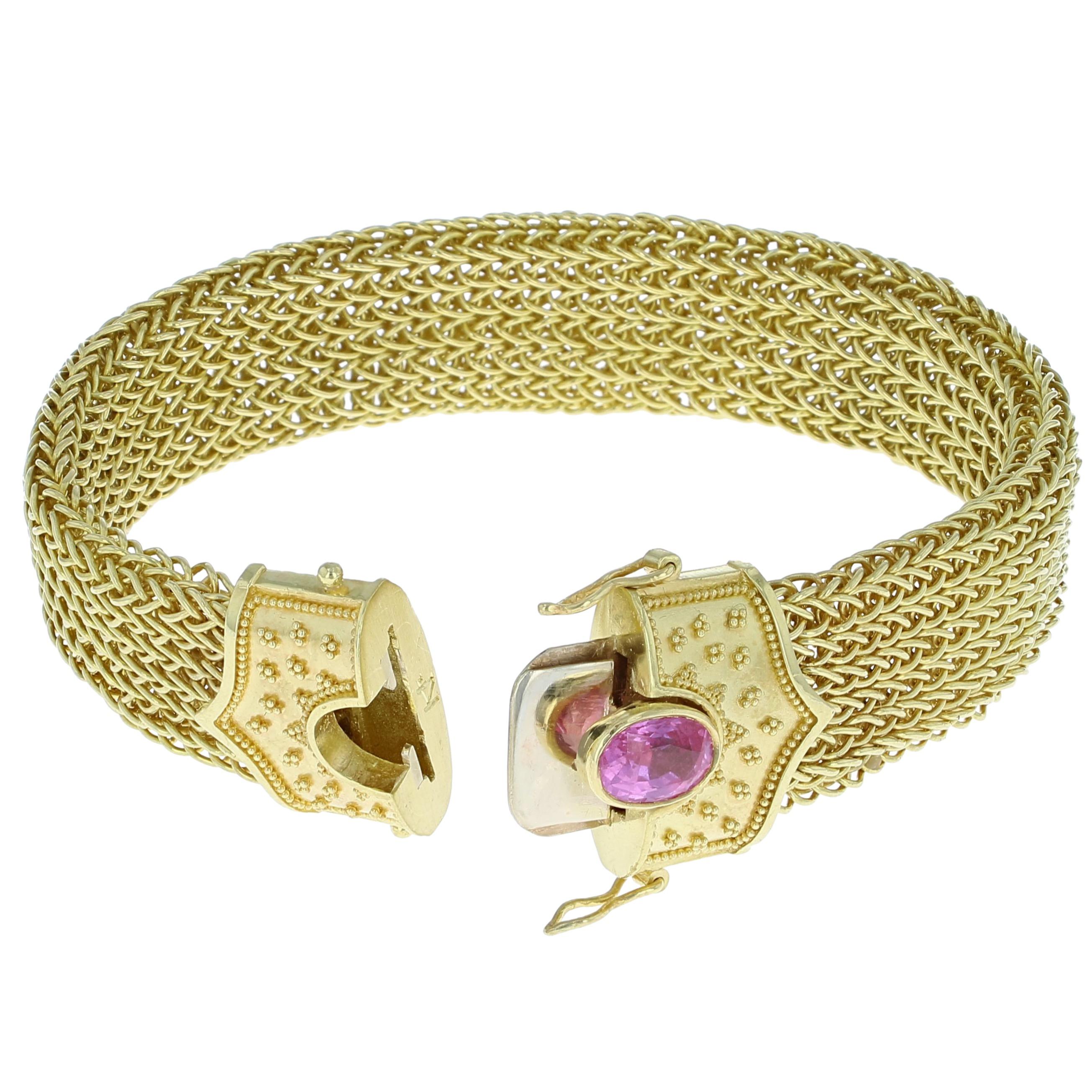 Oval Cut Kent Raible 18 Karat Gold Pink Sapphire Woven Chain Bracelet with Granulation For Sale