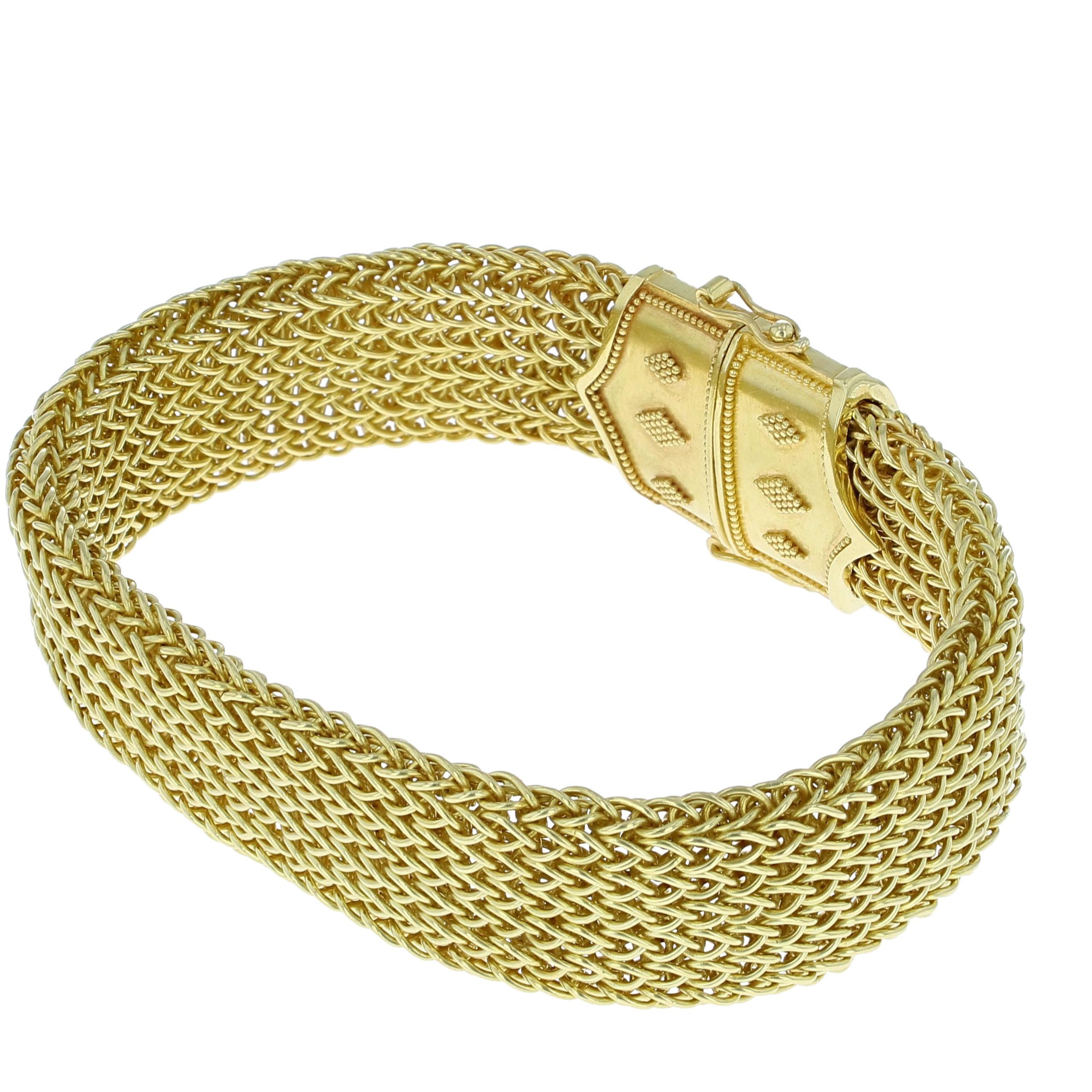 Kent Raible 18 Karat Gold Pink Sapphire Woven Chain Bracelet with Granulation For Sale 2