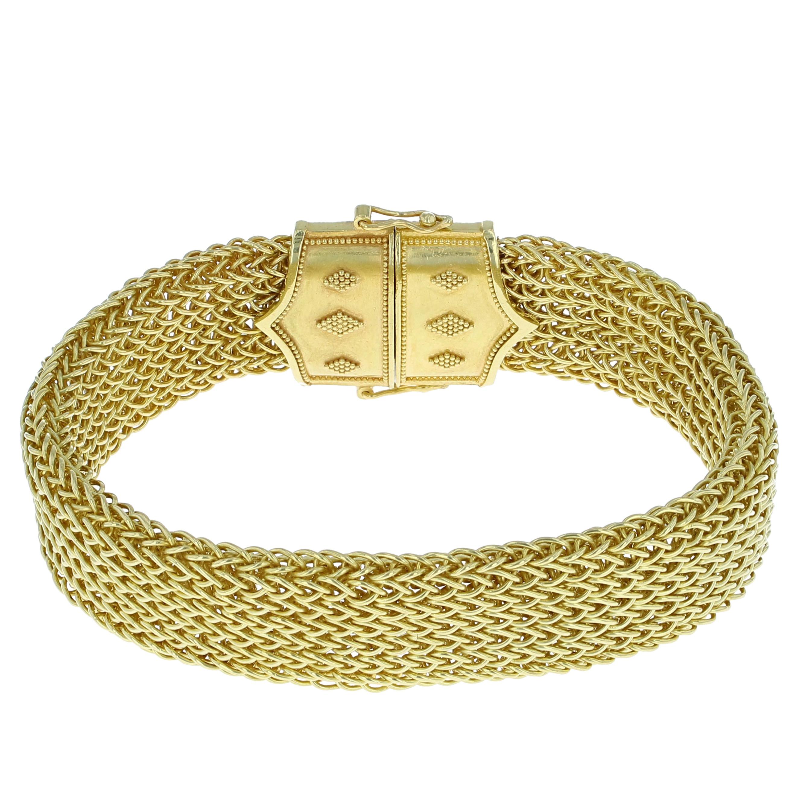 Kent Raible 18 Karat Gold Pink Sapphire Woven Chain Bracelet with Granulation For Sale 1
