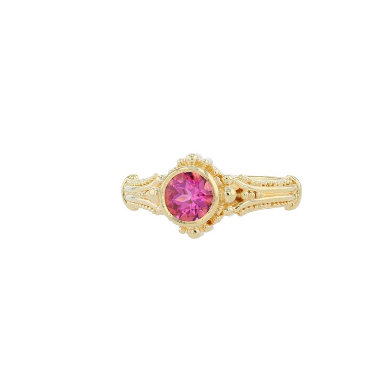 Artisan Kent Raible 18 Karat Gold Pink Tourmaline Solitaire Ring with Fine Granulation For Sale