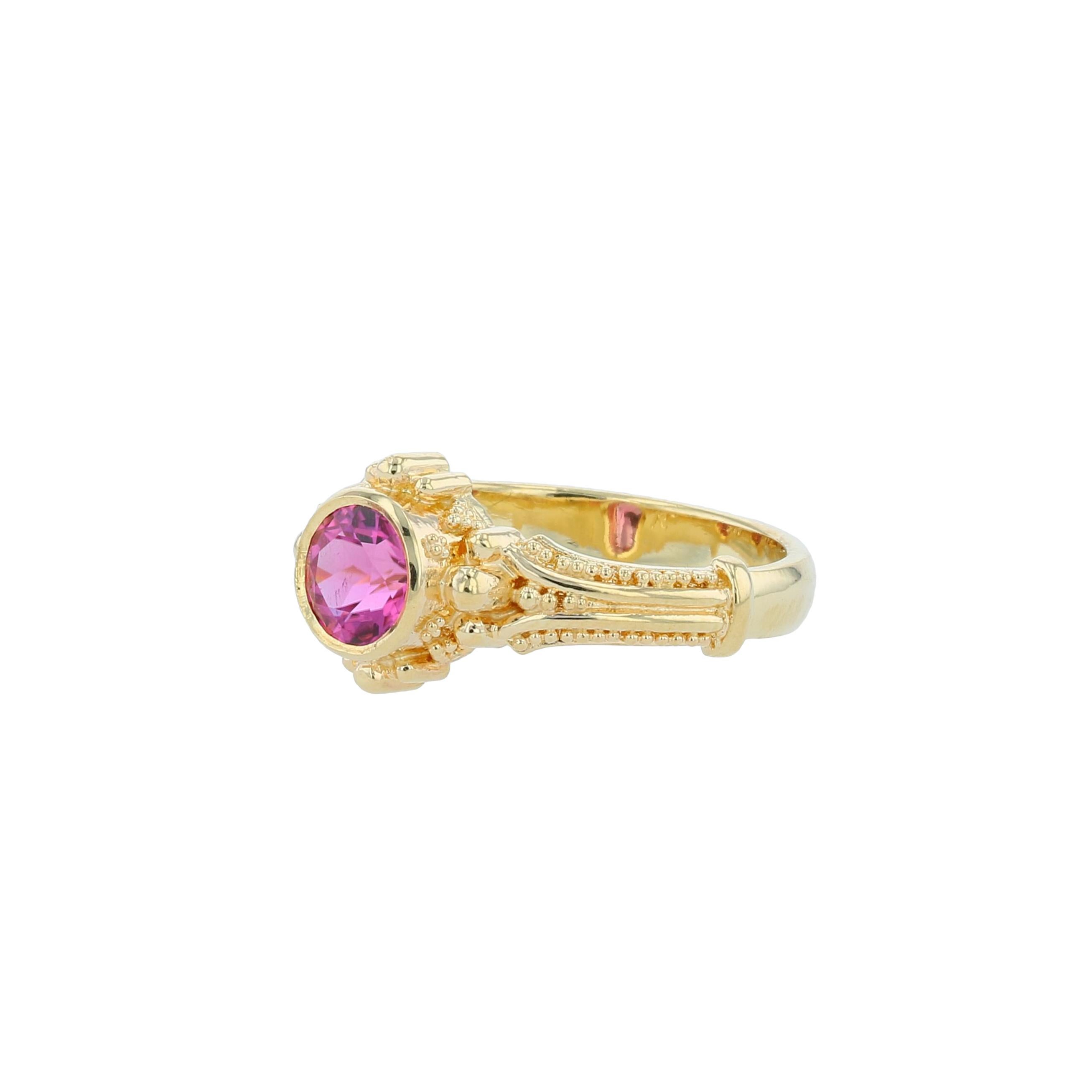 Round Cut Kent Raible 18 Karat Gold Pink Tourmaline Solitaire Ring with Fine Granulation