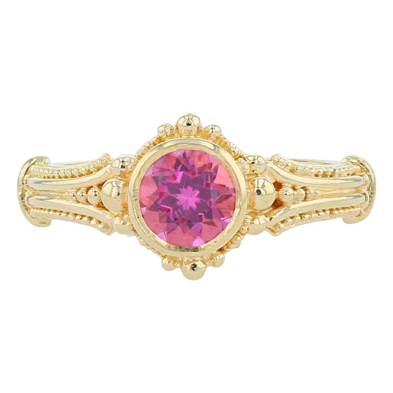 Kent Raible 18 Karat Gold Pink Tourmaline Solitaire Ring with Fine Granulation For Sale