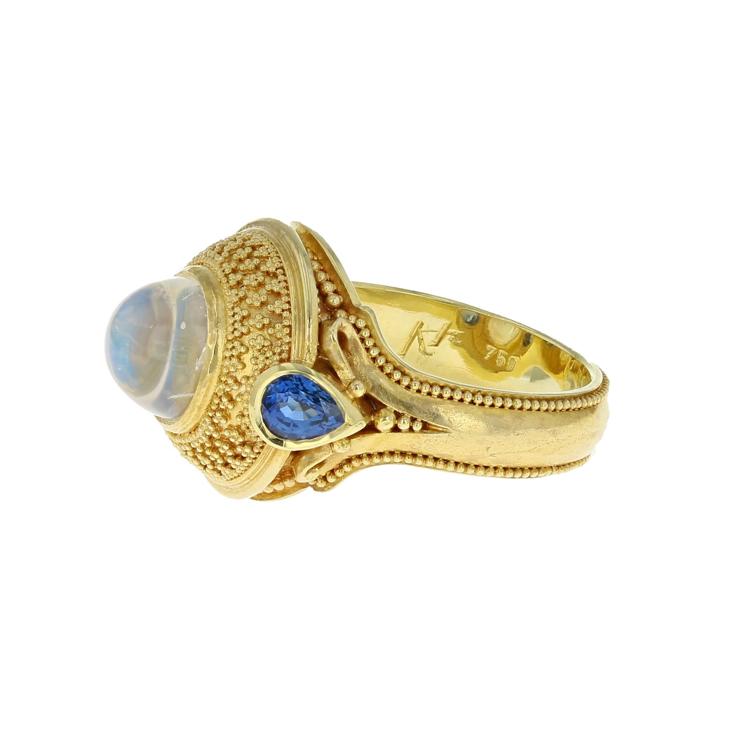 Artisan Kent Raible 18 Karat Gold Rainbow Moonstone and Blue Sapphire Dome Ring For Sale