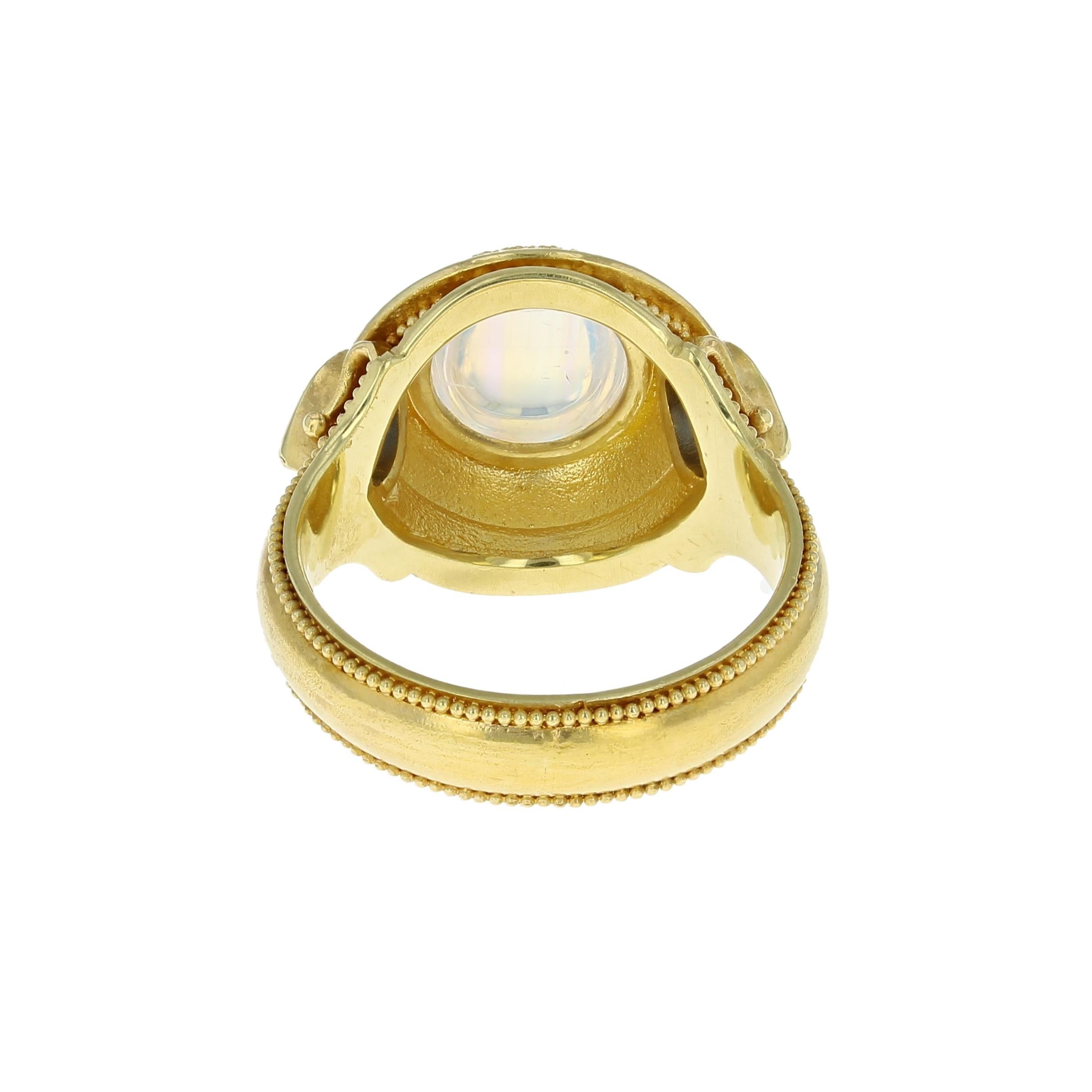 Mixed Cut Kent Raible 18 Karat Gold Rainbow Moonstone and Blue Sapphire Dome Ring For Sale