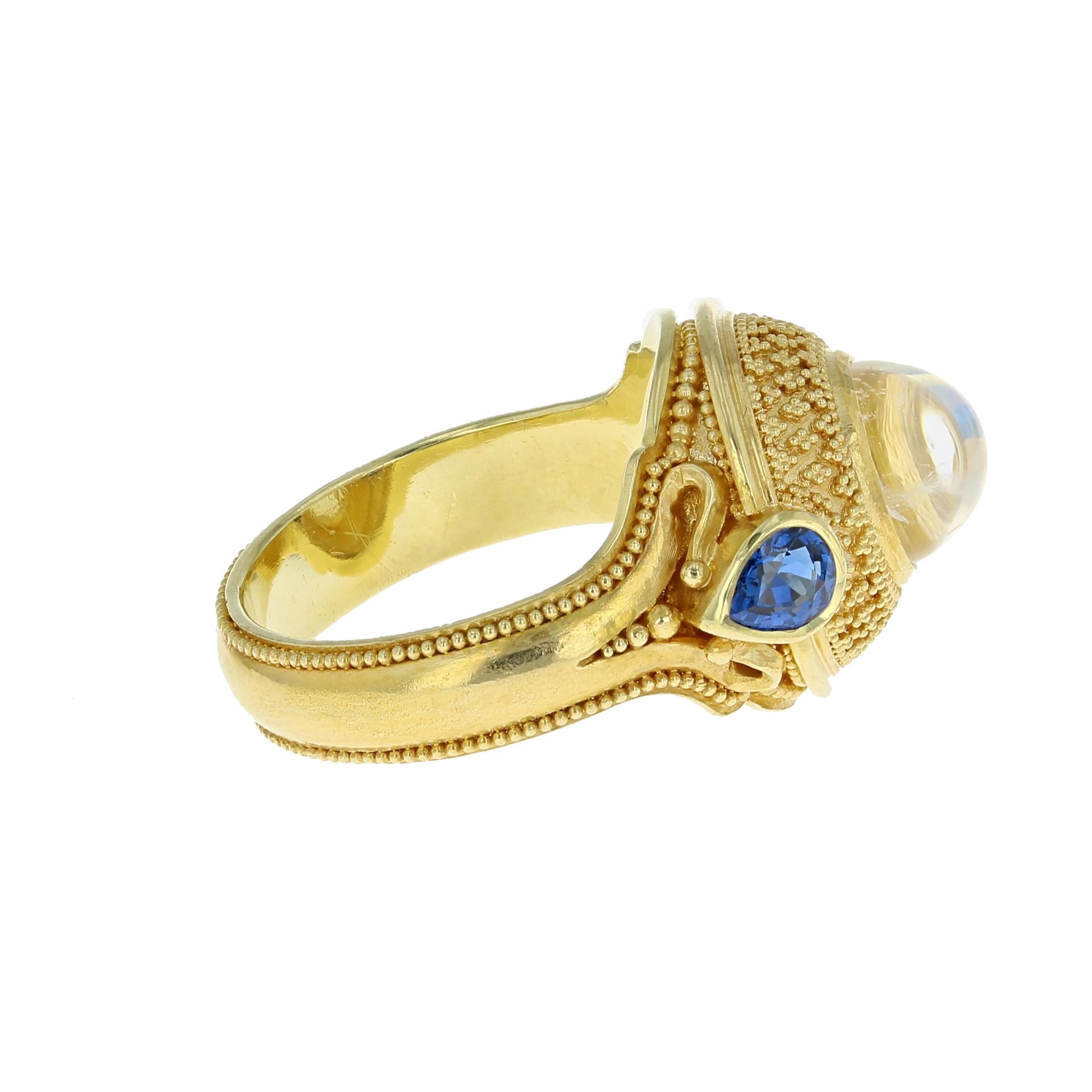 Women's or Men's Kent Raible 18 Karat Gold Rainbow Moonstone and Blue Sapphire Dome Ring For Sale